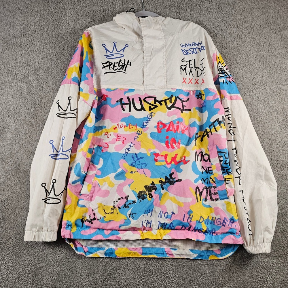 Rebel Minds Mens Graffiti Pastel Camo Quarter Zip Windbreaker Jacket Hooded M